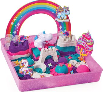 Kinetic sand - shimmer eenhoorn koninkrijk-speelset met 907 g glanzend speelzand 8 stuks gereedschap - sensorisch speelgoed