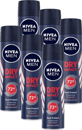 Bol.com Nivea men dry impact deodorant spray - 6 x 150 ml - voordeelverpakking aanbieding