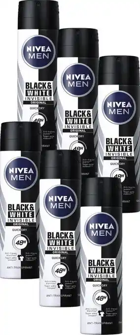 Bol.com Nivea men invisible for black & white power - 6 x 150 ml - voordeelverpakking - deodorant spray aanbieding