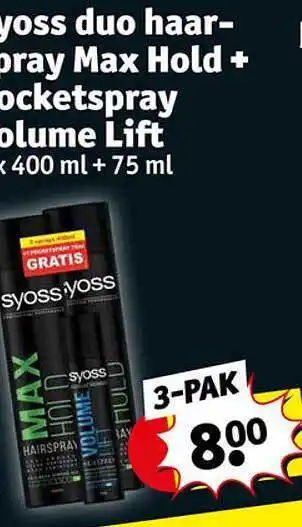 Kruidvat Syoss duo haarspray max hold+ pocketspray volume lift aanbieding