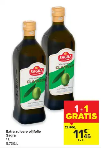 Carrefour Extra zuivere olijfolie Sagra 1L aanbieding