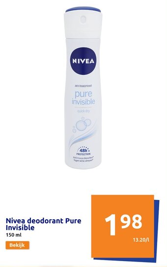 Action Nivea Deodorant Pure Invisible 150ml aanbieding