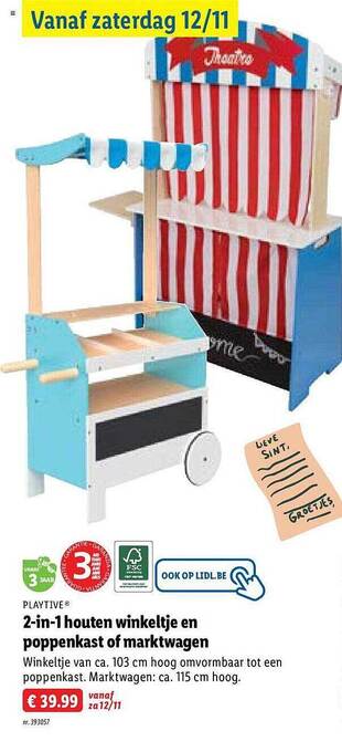 Playtive 2-in-1 houten winkeltje en poppenkast of marktwagen