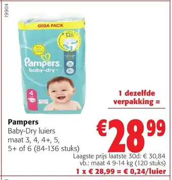 Colruyt Pampers Baby-Dry Luiers maat 3, 4, 4+, 5, 5+ of 6 (84-136 stuks) aanbieding
