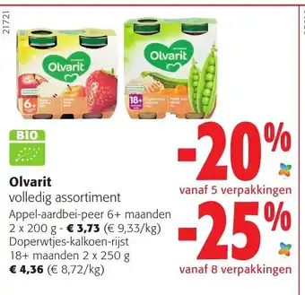 Colruyt Olvarit Appel-aardbei-peer 6+ maanden 2 x 200 g / Doperwtjes-Kalkoen-rijst 18+ maanden 2 x 250 g aanbieding