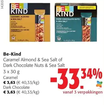 Colruyt Be-Kind Caramel Almond & Sea Salt of Dark Chocolate Nuts & Sea Salt 3 x 30 g aanbieding