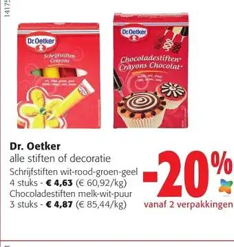 Colruyt Dr. Oetker Schrijfstiften wit-rood-groen-geel 4 stuks / Chocoladestiffen melk-wit-puur 3 stuks aanbieding