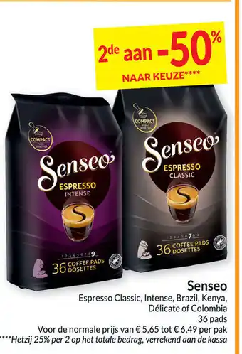 Intermarché Senseo Espresso Classic , Intense , Brazil , Kenya, Delicate of Columbia 36 Pads aanbieding