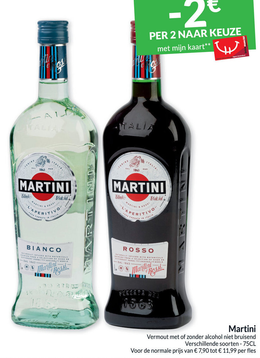 Martini Vermout met of Zonder Alcohol Niet Bruisend promotie bij Intermarché
