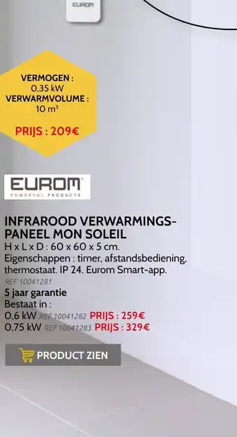 Brico Infrarood verwarmingspaneel mon soleil 0,35kw 10m³ aanbieding