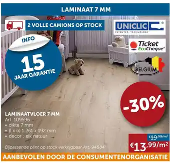 Zelfbouwmarkt Laminaatvloer 7MM 1261 x 192 MM art. 109596 aanbieding