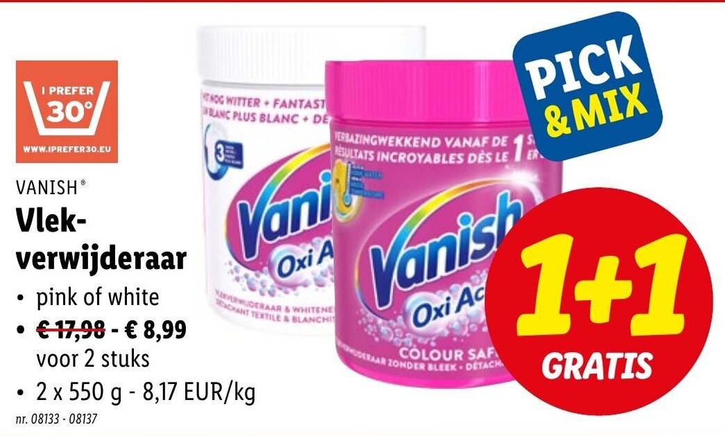 Vanish vlekverwijderaar pink 2x550G 1+1 gratis nr. 0813308137 promotie