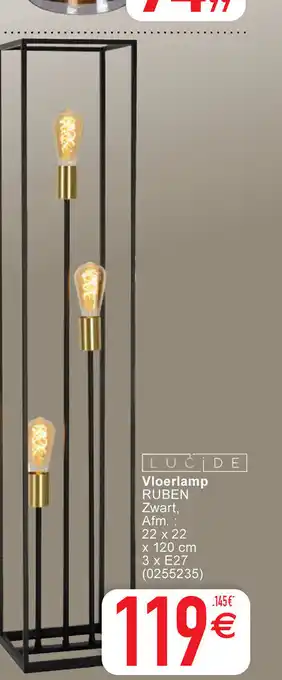 Cora Vloerlamp ruben zwart afm: 22 x 22 x 120cm x 3 x E27 (0255235) aanbieding