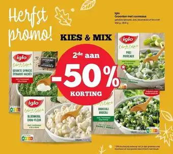 Spar Iglo groenten met roomsaus -50% korting aanbieding