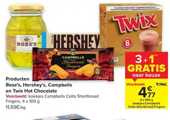 Carrefour Producten Rose's, Hershey's , Campbells en Twix Hot Chocolate 3+1 Gratis aanbieding