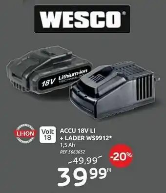 Brico Wesco accu 18v li + lader ws9912 aanbieding