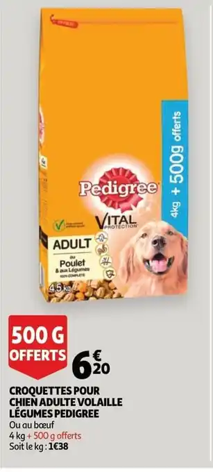 Auchan Croquettes pour chien adulte volaille legumes pedigree 4kg + 500 g aanbieding