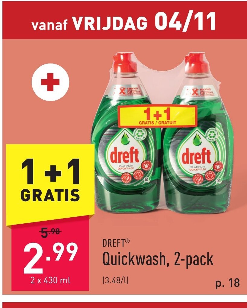 Dreft Quickwash, 2pack 1+1 gratis promotie bij ALDI