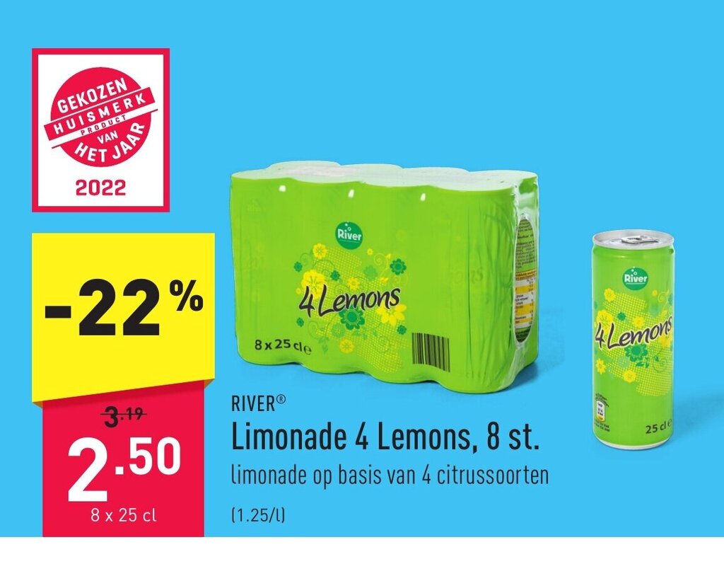 Limonade 4 Lemons, 8 x 25 cl promotie bij ALDI