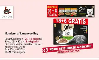 Delhaize Cesar (28 x 150g) 20 + 8 Gratis of Sheba (24 x 85g) 18 + 6 Gratis aanbieding