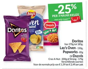 Intermarché Doritos van 170g tot 185g, Lay's Oven 150g, Popworks 85g of Duyvis Crac-A-Nut 200g of strong 175g aanbieding