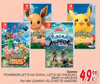 Cora Games Pokemon Let's Go Evoli, Let's Go Pikachu, Snap of Arceus aanbieding