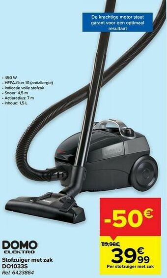 Carrefour Domo elektro stofzuiger met zak do1033s aanbieding