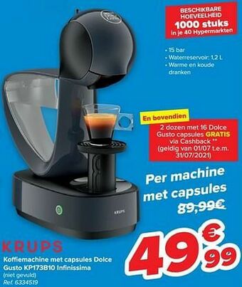 Carrefour Krups koffiemachine met capsules dolce gusto kp173b10 infinissima aanbieding