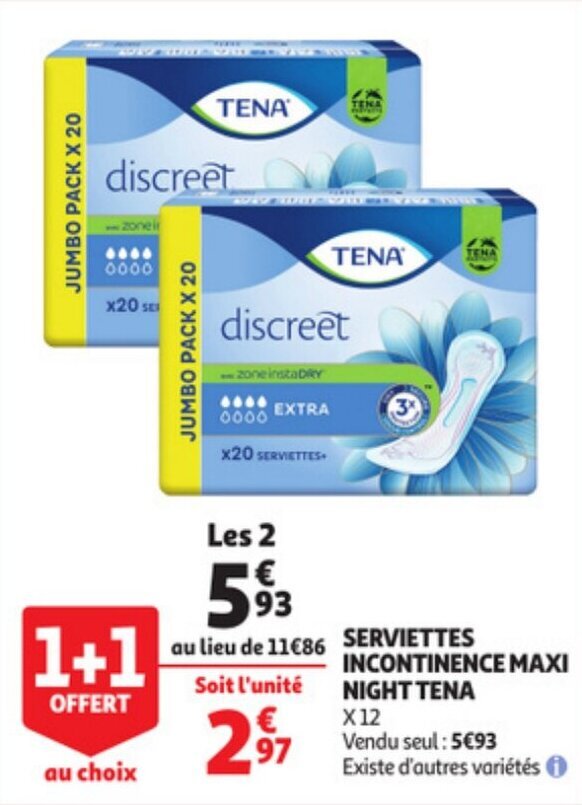 Serviettes Incontinence Maxi Night Tena promotie bij Auchan