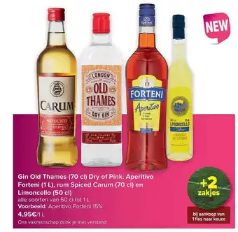 Hyper Carrefour Gin old thames dry of pink, aperitivo forteni, rum spiced carum en limoncello aanbieding