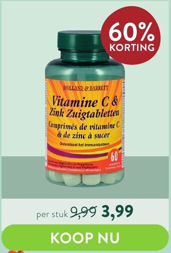 Holland & Barrett Holland & Barrett Vitamine C en Zink 60 Zuigtabletten aanbieding