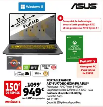 Auchan Asus portable gamer A17-TUF706IC-HX048W Ref. 211813 aanbieding