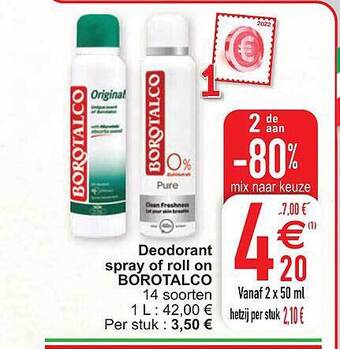 Cora Deodorant spray of roll on borotalco aanbieding