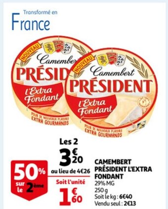 Auchan Camembert president l'extra fondant 29% mg 250g aanbieding
