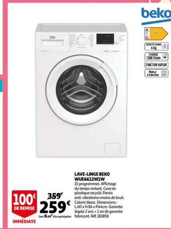Auchan Lave-linge beko WUE6612W1W aanbieding