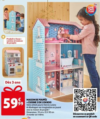 Auchan Maison de poupee + cuisine 2 en 1 en bois 55CM x 51 x 90CM aanbieding