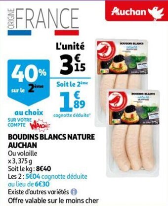 Auchan Boudins blancs nature 375G aanbieding