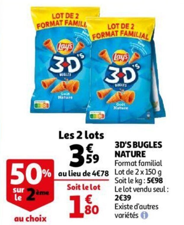 Lays 3D's bugles nature 2x150G promotie bij Auchan