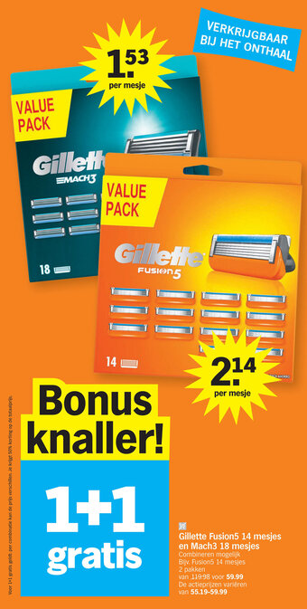 Albert Heijn Gillette fusion5 14 mesjes en mach3 18 mesjes 1+1 gratis aanbieding