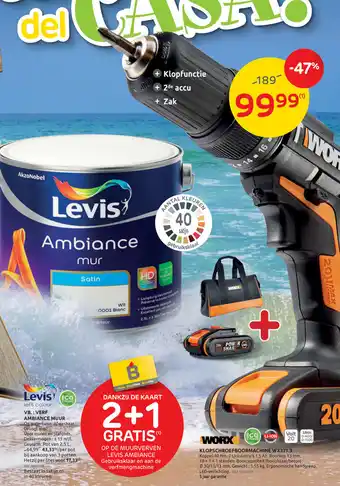 Brico Levis Vb: verf ambiance muur + klopschroefboormachie wx371.3 aanbieding