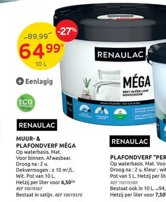 Brico Renauloc muur- & plafondverf mega 10 L aanbieding