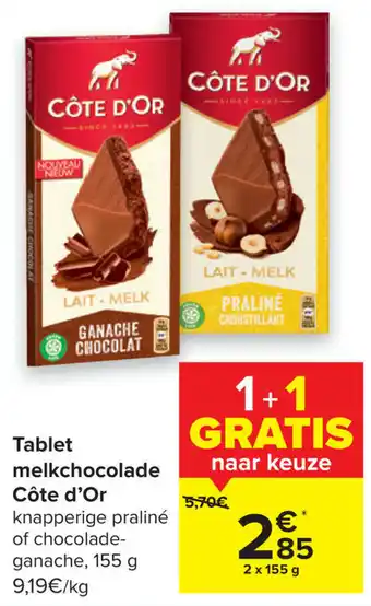 Carrefour Tablet melkchocolade cote d'or 155g aanbieding