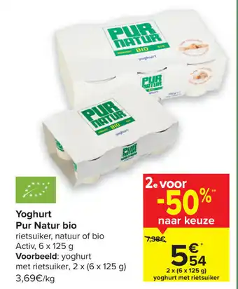 Carrefour Yoghurt pur natur bio 125g aanbieding