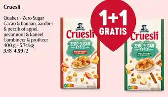 Quaker cruesli zero sugar cacao & banaan 400G 1+1 gratis