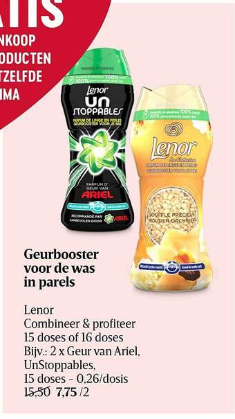 Delhaize Geurbooster voor de was in parels lenor aanbieding