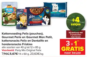 Carrefour Kattenvoeding Felix (pouches), Gourmet Perle en Gourmet Mon Petit, kattensnacks Felix en Dentalife en hondensnacks Friskies aanbieding