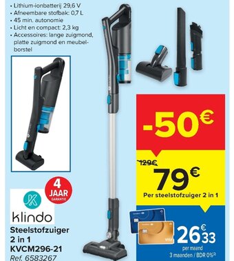 Carrefour Klindo Steelstofzuiger 2 in 1 KVCM296-21 aanbieding