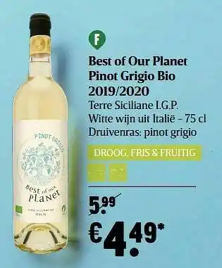 Delhaize Best of our planet pinot grigio bio 2019-2020 terre siciliane i.g.p. witte wijn uit italië aanbieding