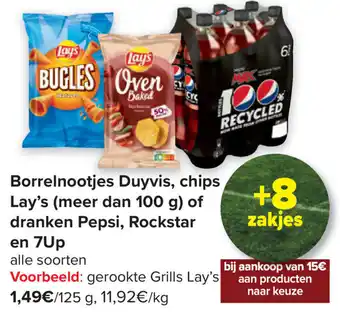 Carrefour Borrelnootjes Duyvis, chips Lay's (meer dan 100g) of dranken Pepsi, Rockstar en 7Up aanbieding