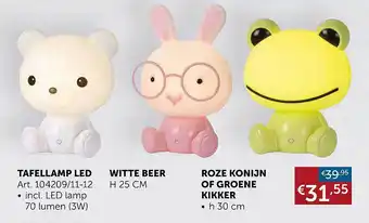 Zelfbouwmarkt Tafellamp led, witte beer, roze konijn of groene kikker aanbieding